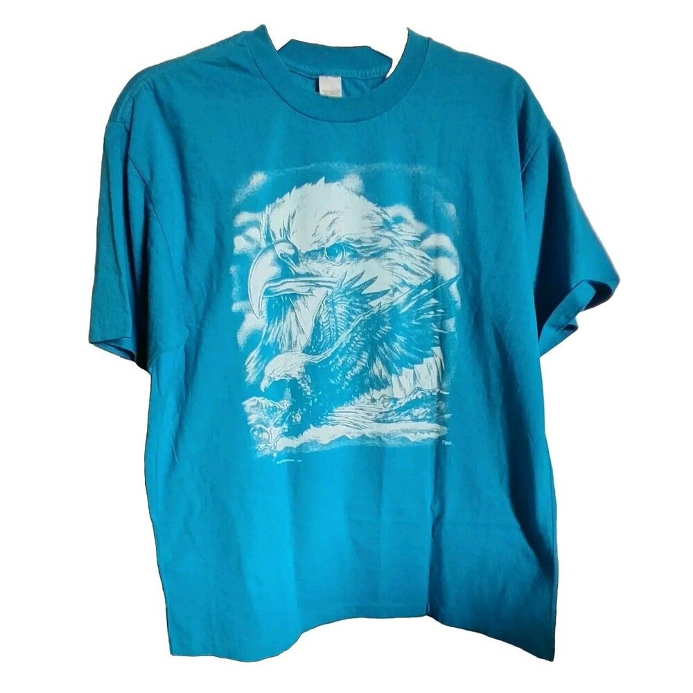 Eagle Nature Art XL T-Shirt Teal Screen Paint 1990's Made In U.S.A. Unisex